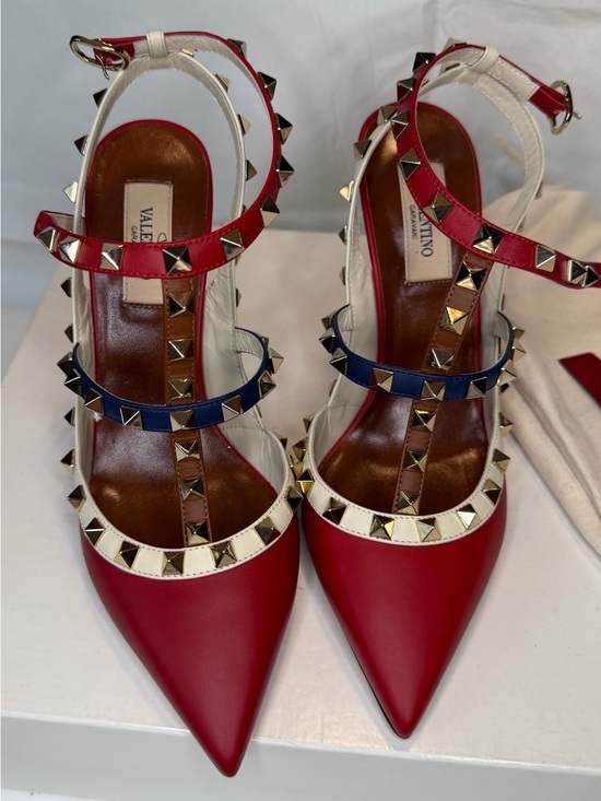 Valentino Shoes - Valentino Red, White & Navy Rockstud Pointed Slingback Heels